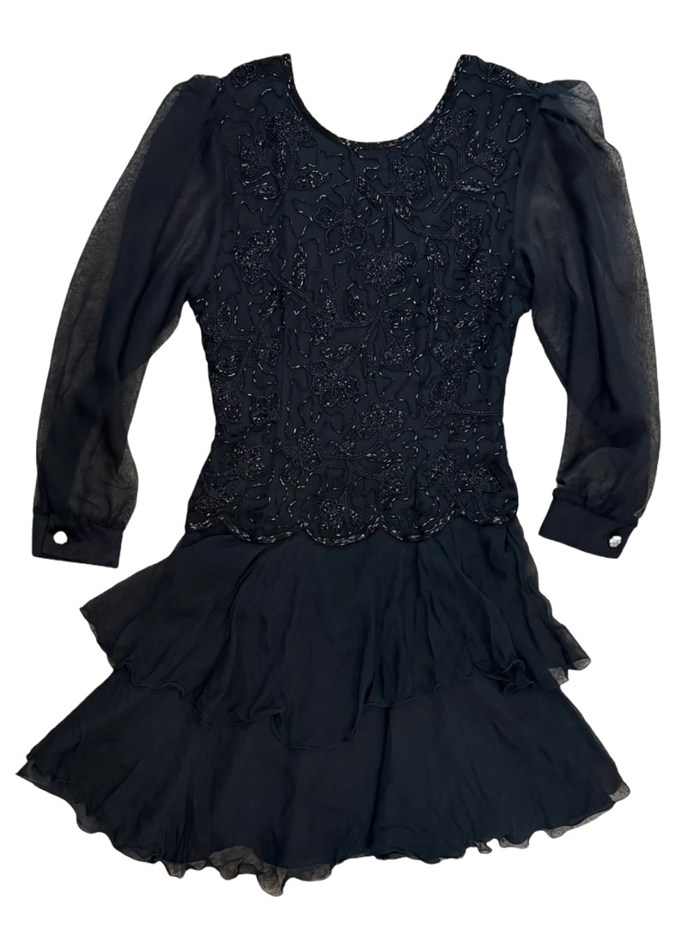 Vintage Laurence Kazar New York Black Beaded Chiffon Cocktail Dress